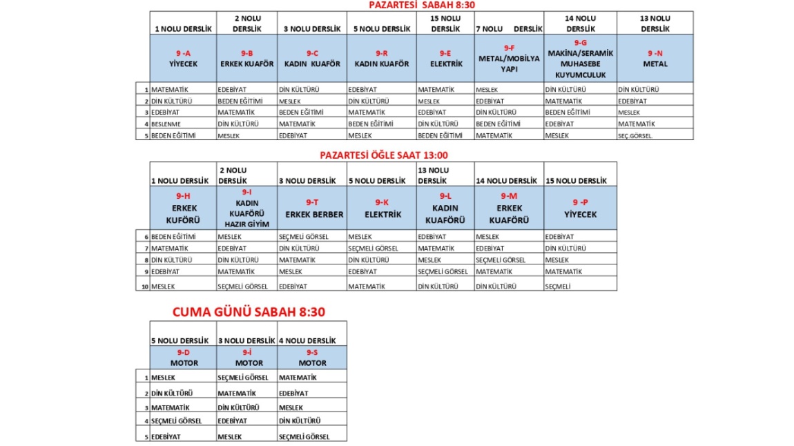 9.SINIF YENİ DERS PROGRAMI VE SINIF LİSTELERİ (13 Ekim İtibarıyla)